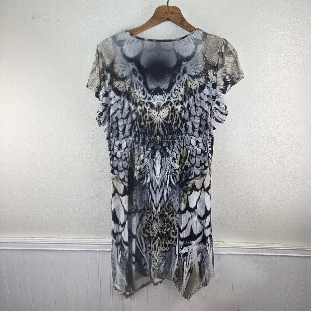 Women's One World Boho Black White Feather Owl Beaded Lace Short Dress Size XL - Picture 3 of 13